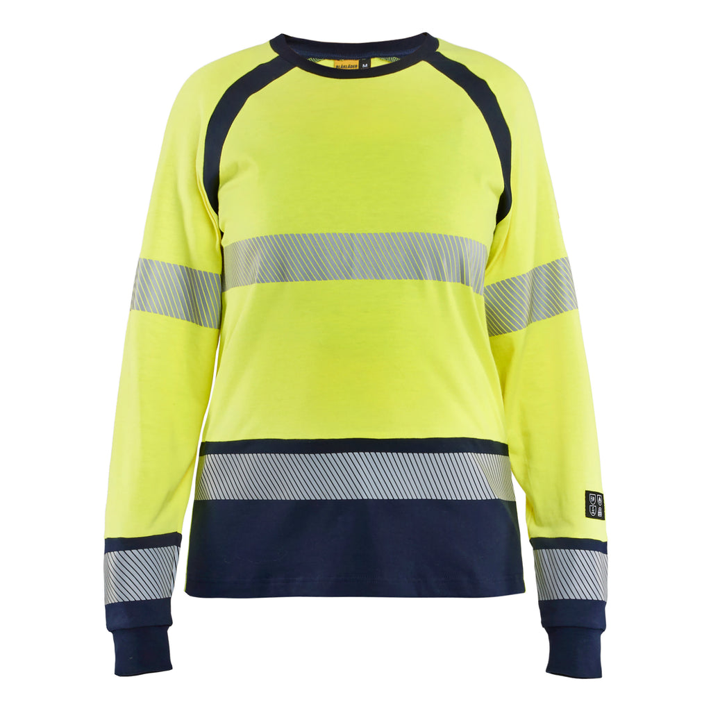 Blaklader 3437 Hi-Vis Yellow/Navy Blue Arc Flash & Fire Retardant Women's Long-Sleeved T-Shirt Multinorm