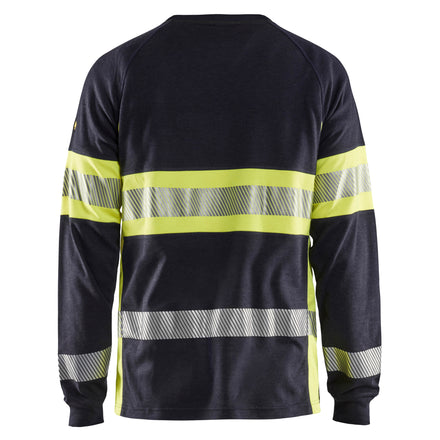 Blaklader 3484 Flame Resistant Long Sleeve T Shirt Navy Blue Hi Vis Yellow Back