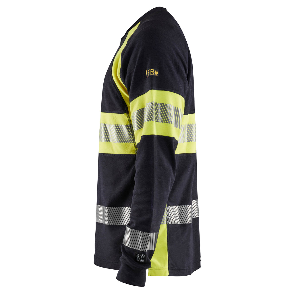 Blaklader 3484 Flame Resistant Long Sleeve T Shirt Navy Blue Hi Vis Yellow Left