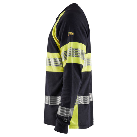 Blaklader 3484 Flame Resistant Long Sleeve T Shirt Navy Blue Hi Vis Yellow Left