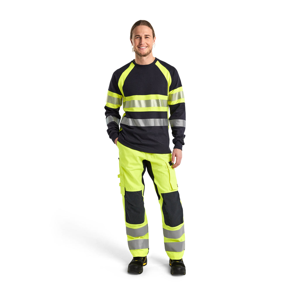 Blaklader 3484 Flame Resistant Long Sleeve T Shirt Navy Blue Hi Vis Yellow Model