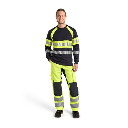 Blaklader 3484 Flame Resistant Long Sleeve T Shirt Navy Blue Hi Vis Yellow Model
