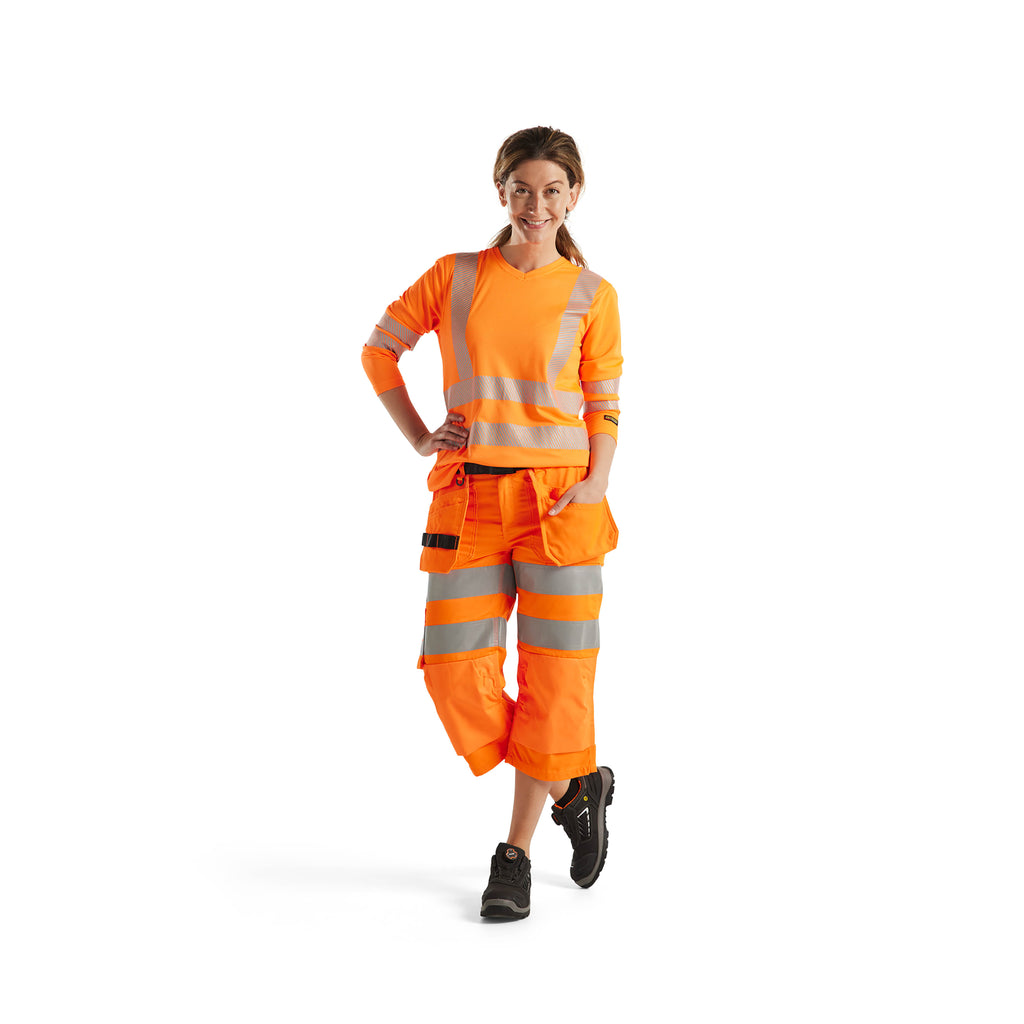 Blaklader 3485 Womens Hi Vis T Shirt Long Sleeve Hi Vis Orange Navy Blue Model