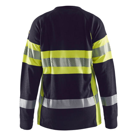 Blaklader 3494 Womens Flame Resistant T Shirt Long Sleeve Navy Blue Hi Vis Yellow Back
