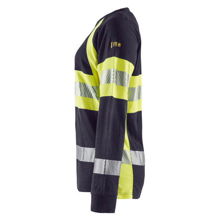 Blaklader 3494 Womens Flame Resistant T Shirt Long Sleeve Navy Blue Hi Vis Yellow Left