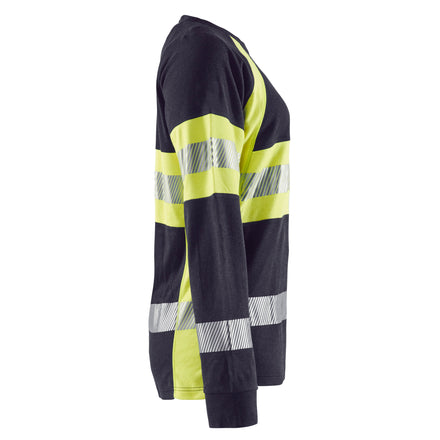 Blaklader 3494 Womens Flame Resistant T Shirt Long Sleeve Navy Blue Hi Vis Yellow Right