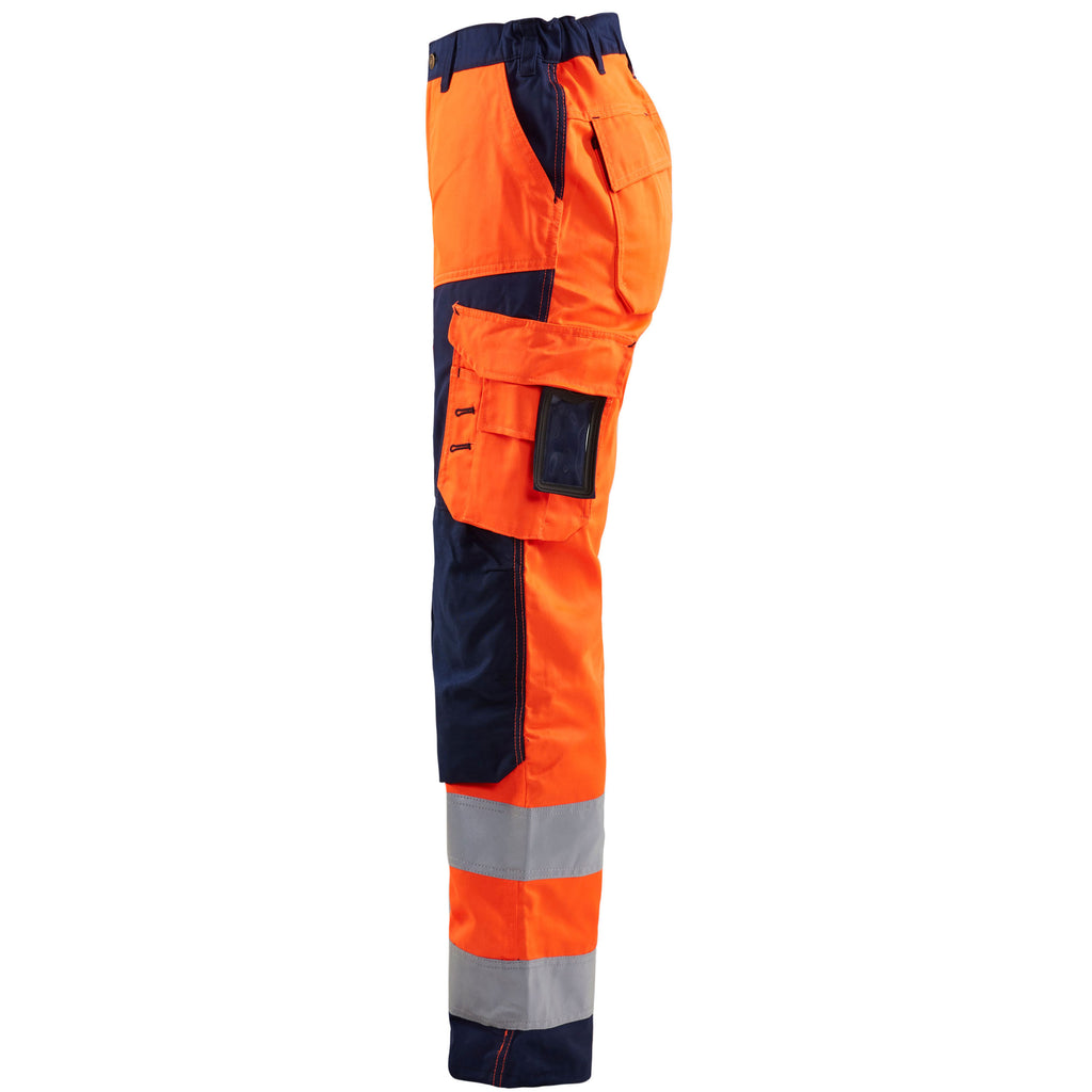 Blaklader 7155 Womens Hi Vis Trousers Without Nail Pockets Hi Vis Orange Navy Blue Left