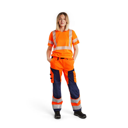 Blaklader 7155 Womens Hi Vis Trousers Without Nail Pockets Hi Vis Orange Navy Blue Model