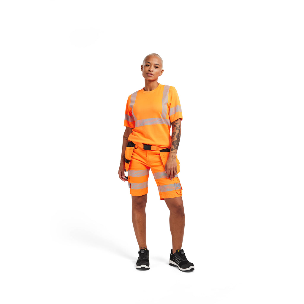 Blaklader 7186 Womens Hi Vis Shorts With Stretch Hi Vis Orange Navy Blue Model