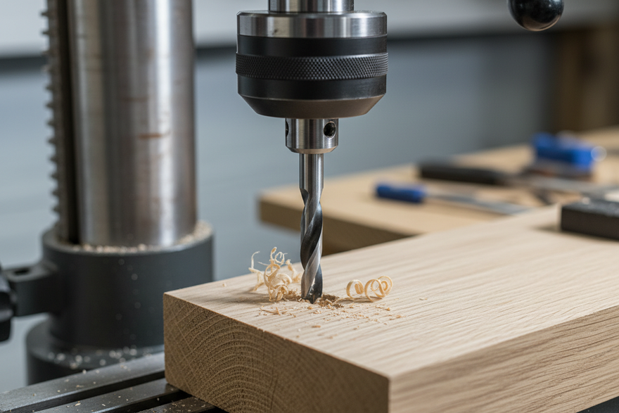 brad point drill bit just starting a hole in a pillar drill