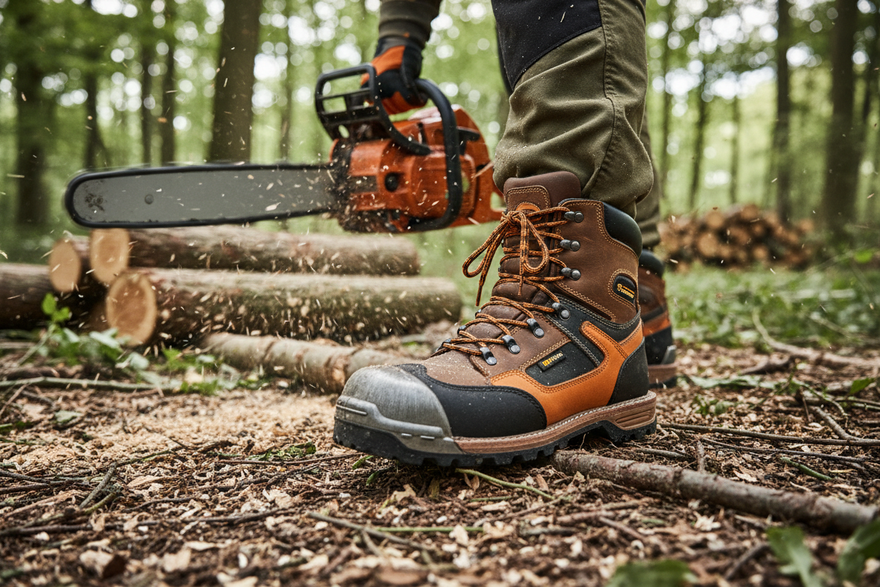 chainsaw boots in use