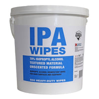 White bucket of IPA wipes with blue text on a white background