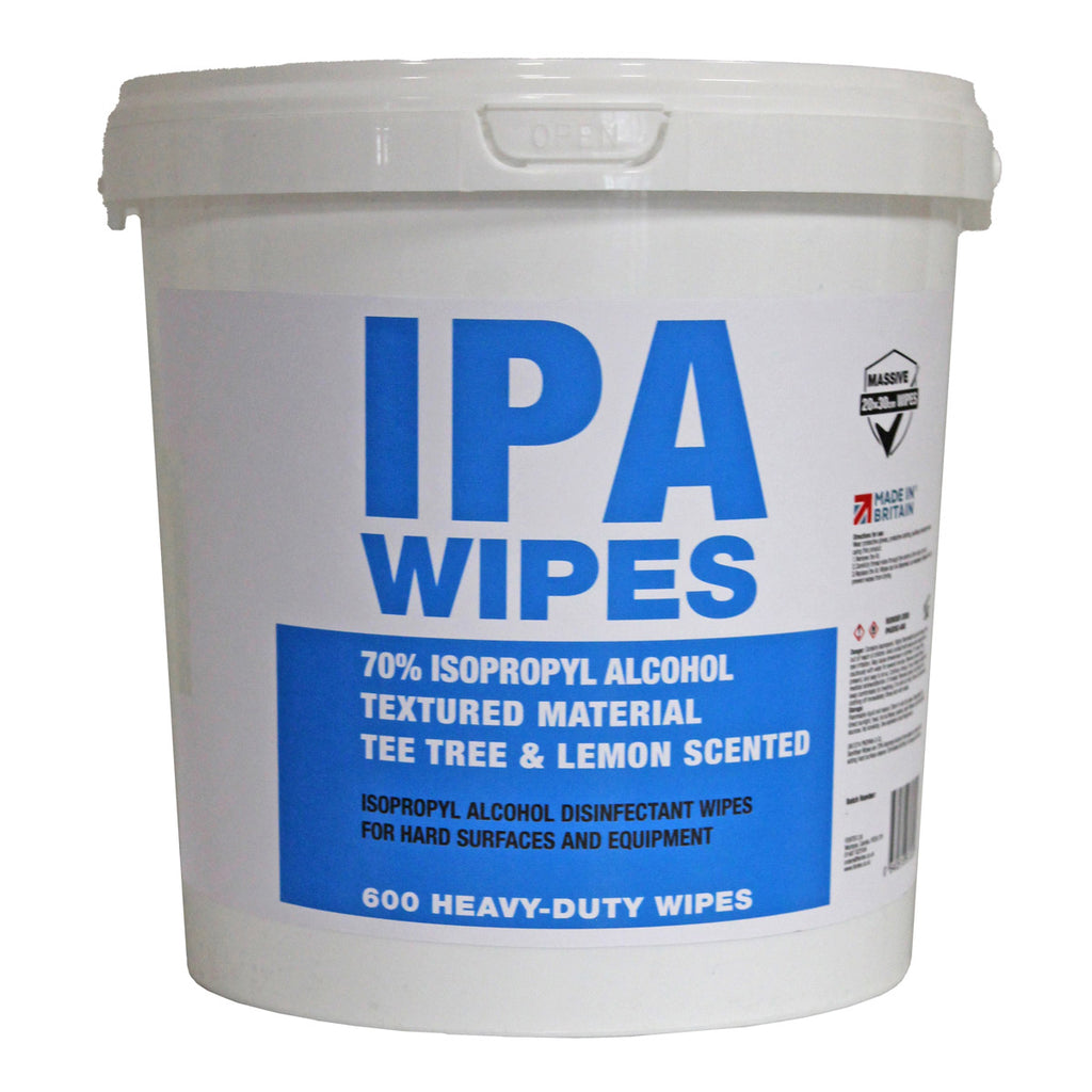 White bucket of IPA wipes with blue text on a white background