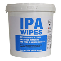 White bucket of IPA wipes with blue text on a white background