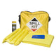 Spill kit with yellow bags and wipes on a white background