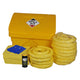 Spill kit with yellow containers, blue cloths, and other supplies on a white background