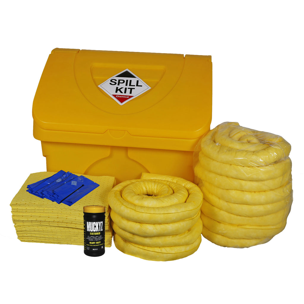 Spill kit with yellow containers, blue cloths, and other supplies on a white background