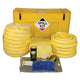 Spill kit with yellow container, absorbent pads, and related items on a white background