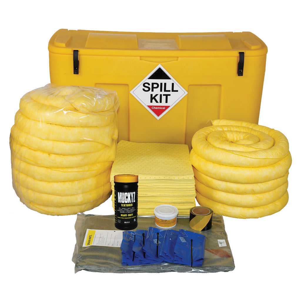 Spill kit with yellow container, absorbent pads, and related items on a white background