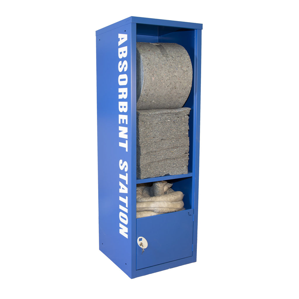 Blue absorbent station with rolls of absorbent material on a white background