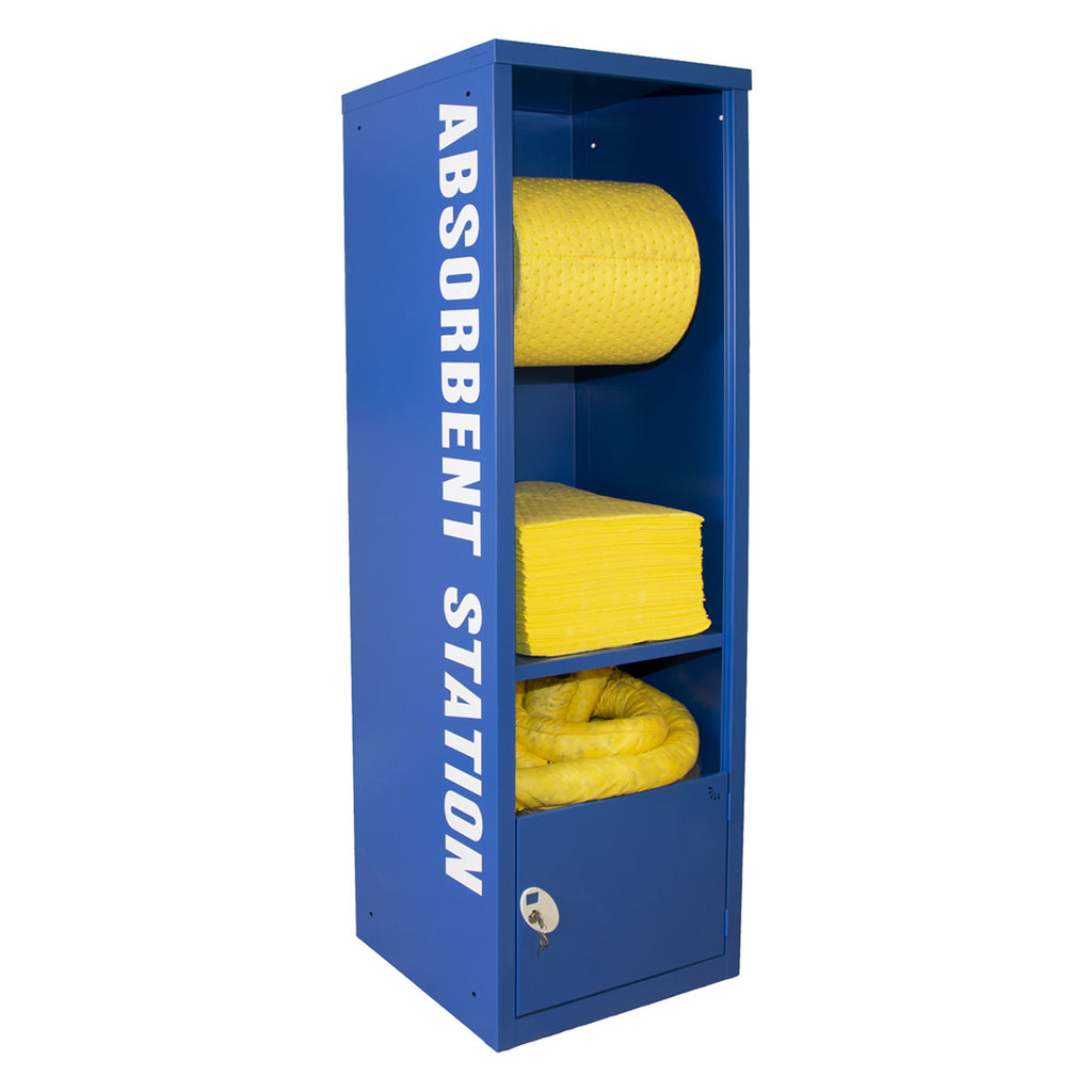Blue absorbent station with yellow absorbent pads on a white background