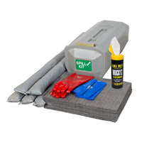 Spill kit with absorbent pads, red and blue bags, and a can of Mucky Muck Texturizer on a white background.