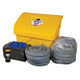 Spill kit with yellow container, absorbent pads, and other supplies on a white background