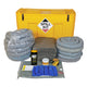 Spill kit with yellow container, absorbent pads, and related items on a white background