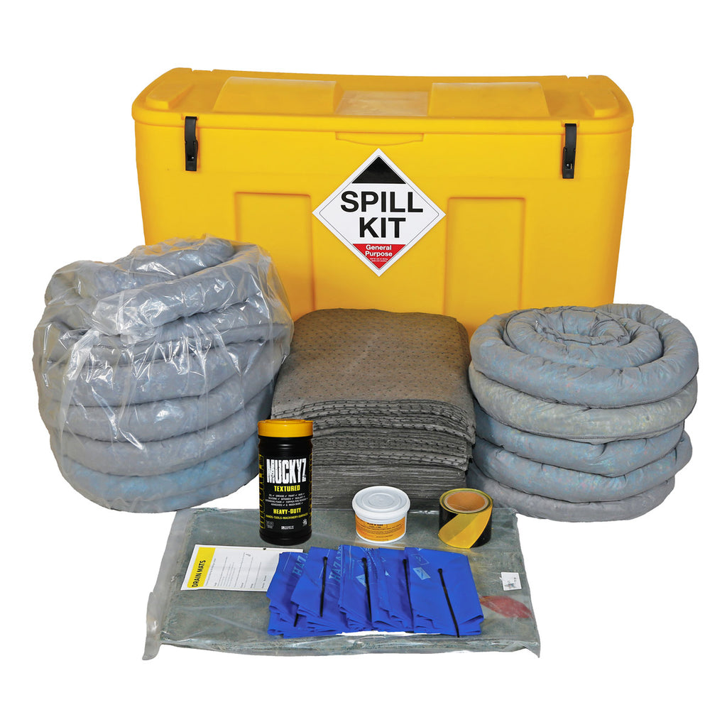 Spill kit with yellow container, absorbent pads, and related items on a white background