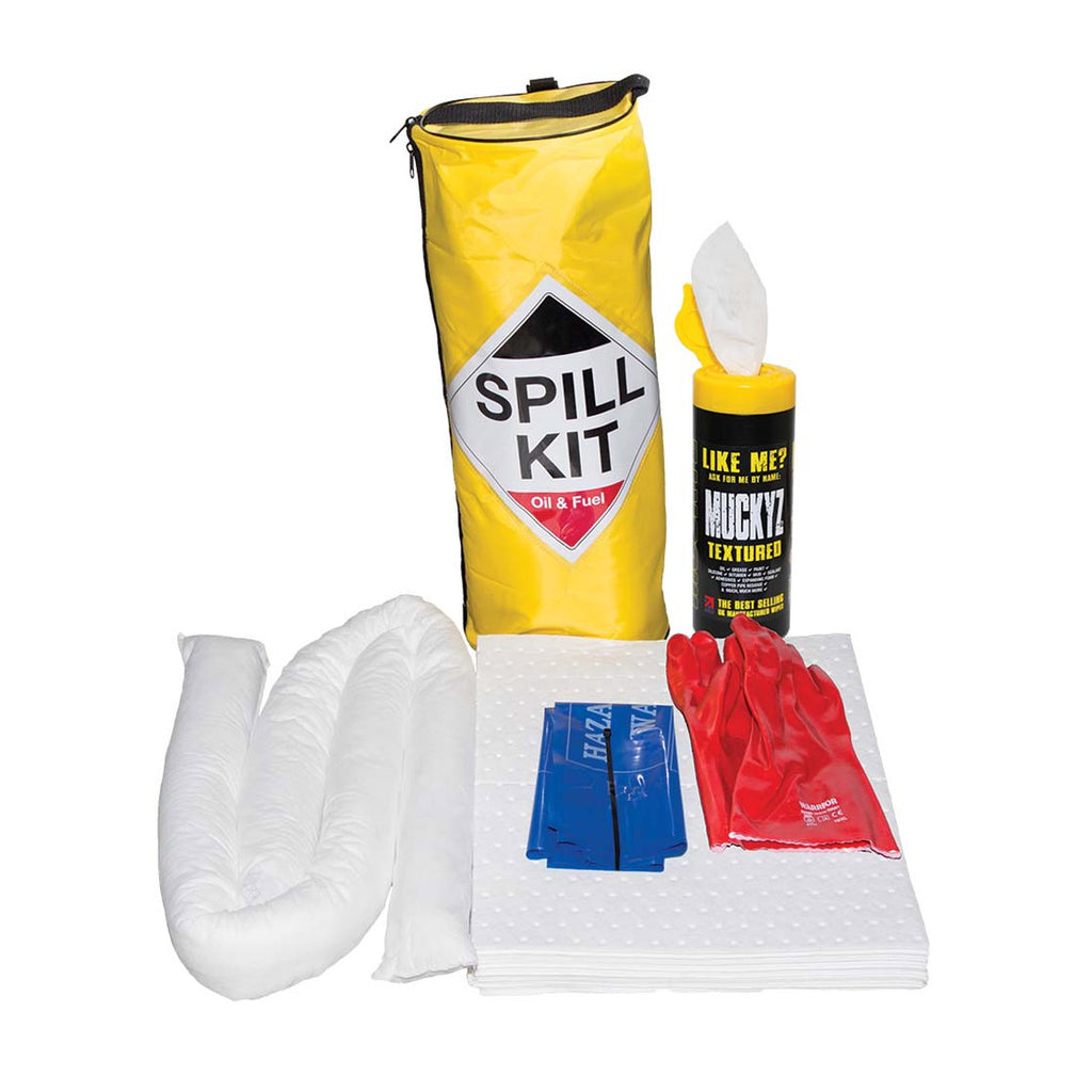 Spill kit with yellow bag, gloves, and absorbent material on a white background