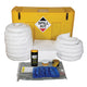 Spill kit with yellow container, absorbent pads, and other supplies on a white background