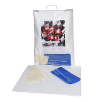 Automotive spill kit with gloves, absorbent pads, and a bag on a white background