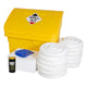 Spill kit with yellow container, towels, and a bottle on a white background