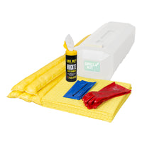 Spill kit with yellow towels, gloves, and a bottle on a white background