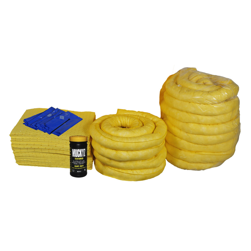 Yellow insulation rolls and blue cloths on a white background