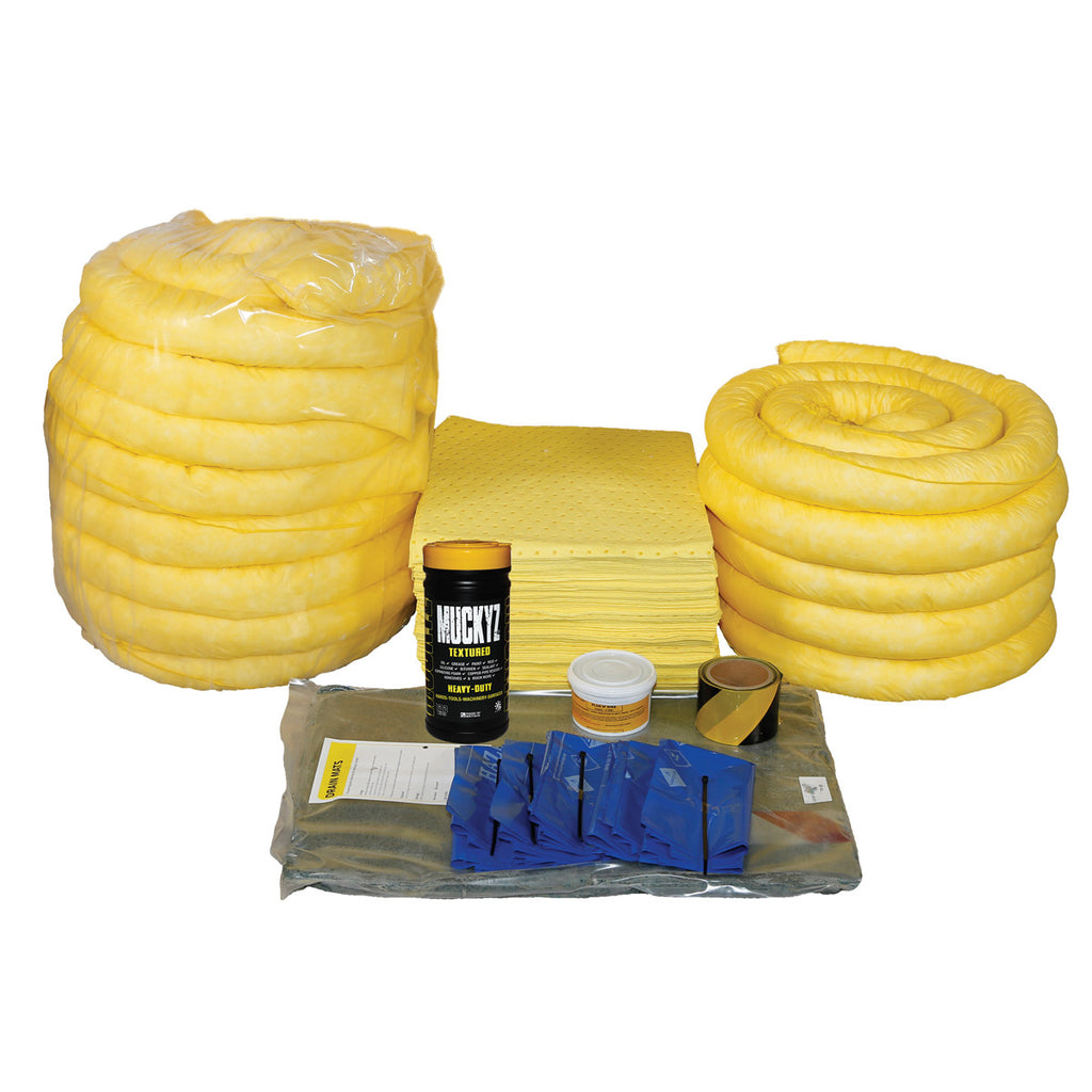 Yellow chemical spill socks and related products on a white background