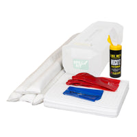 Spill kit with absorbent pads, gloves, and a bottle on a white background
