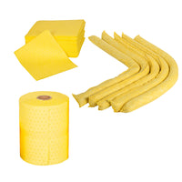 Yellow insulation kit with rolls, panels, and batts on a white background