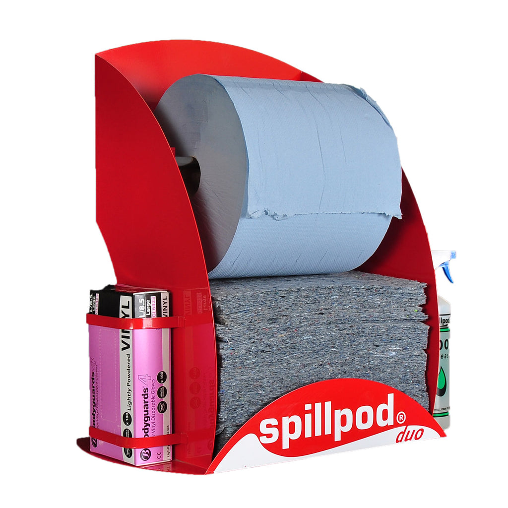Fentex Spillpod® Duo with Blue 2-ply 1000 Sheet Paper Roll 50 EVO Absorbent Pads Box of Gloves and 1 Litre of Degreaser