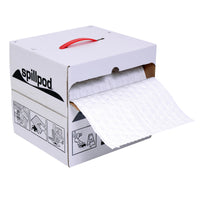 Spillpod packaging with a roll of absorbent pads on a white background