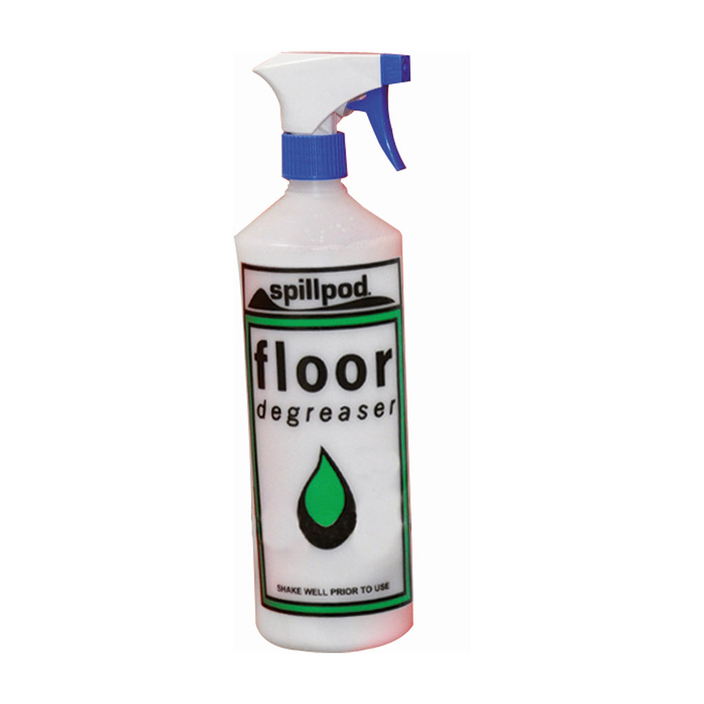 Spray bottle labeled 'spillpod floor degreaser' on a white background