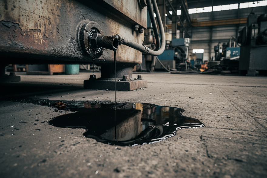 fluid leaking from underneath a piece of industrial equipment close up factory floor