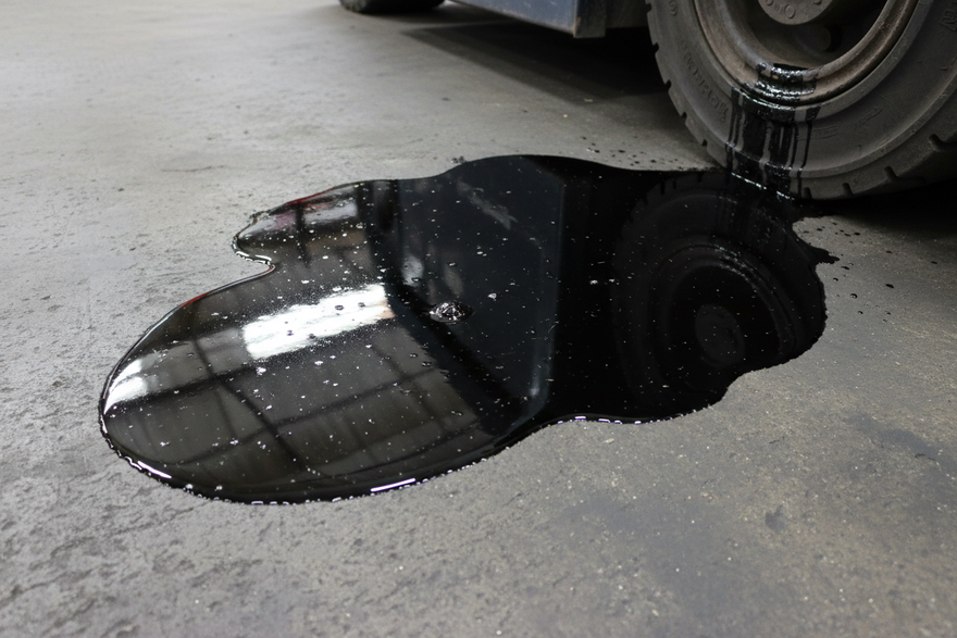 fluid leaking next to forklift wheel on warehouse floor close up