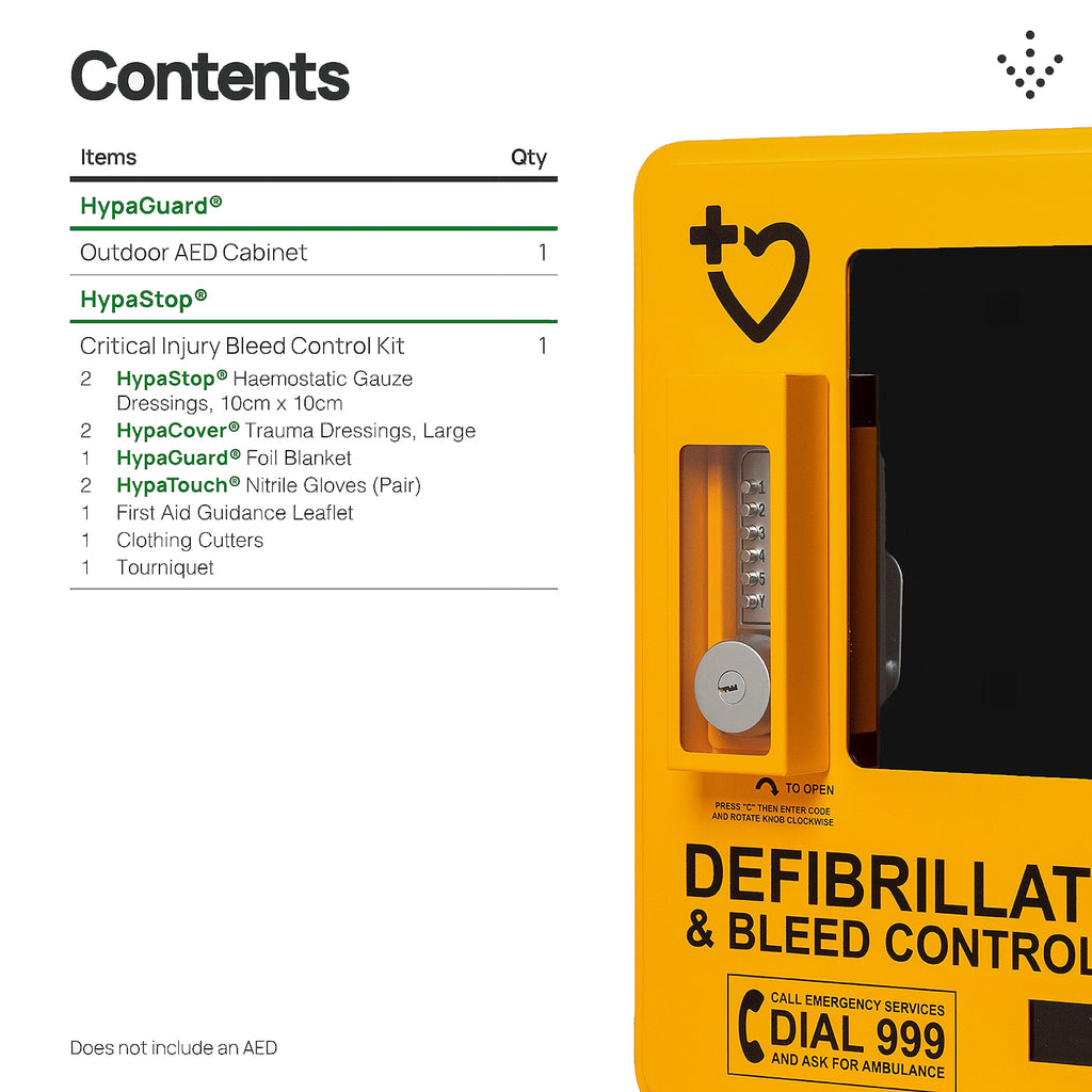 HypaGuard Outdoor Automatic External Defibrillator Cabinet with HypaStop Bleed Control Kit