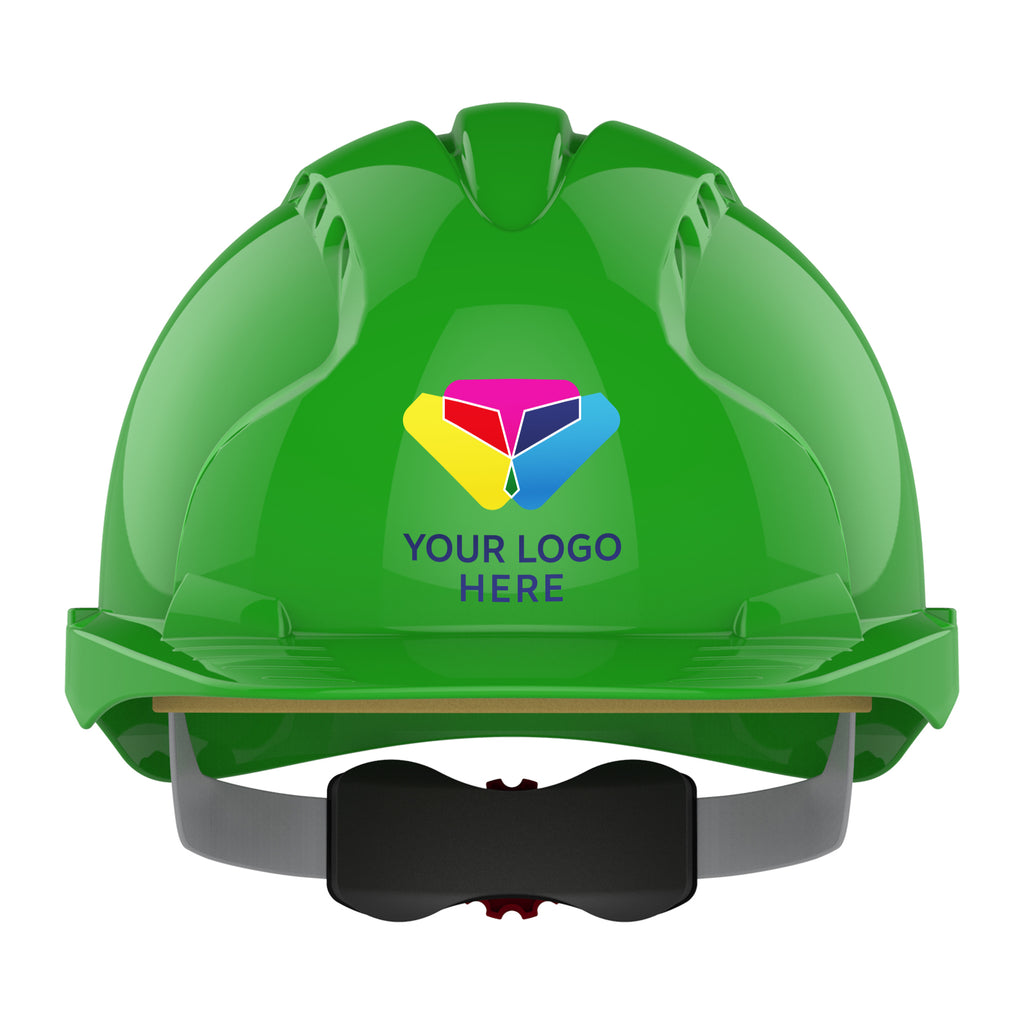 JSP EVO3 Custom Branded Safety Helmet Mid Peak Wheel Ratchet Vented (Green / 1 Colour)