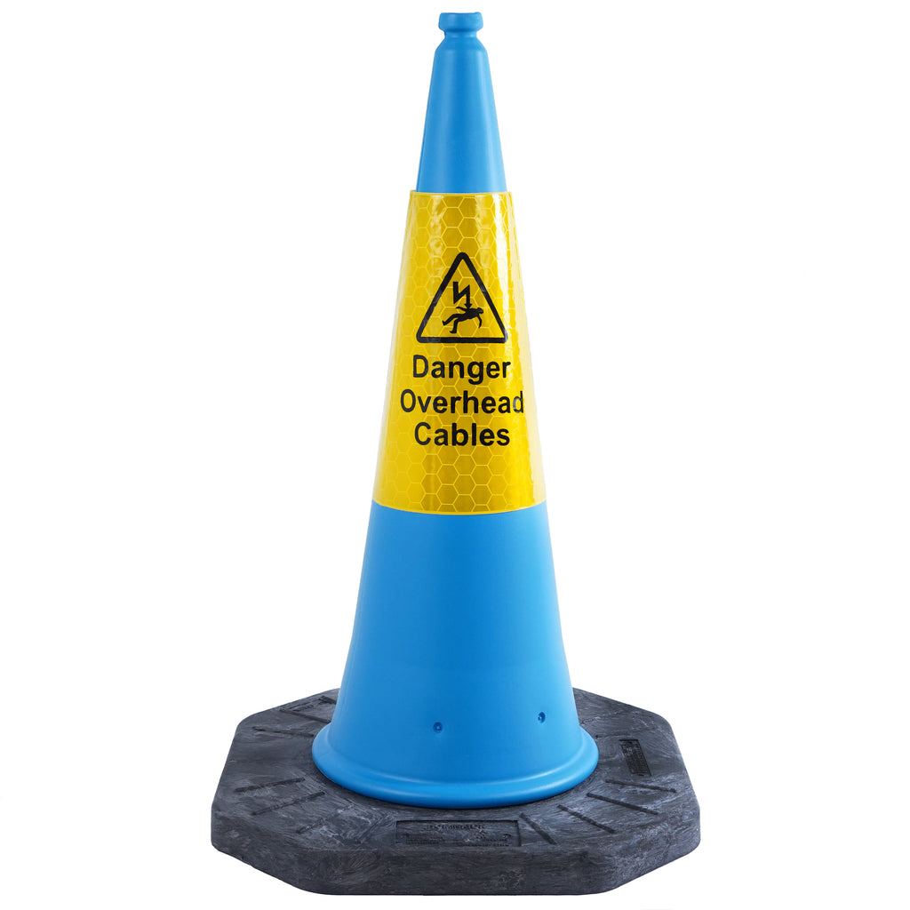 Blue Danger Overhead Cables Traffic Cone With Yellow Sleeve 1000mm