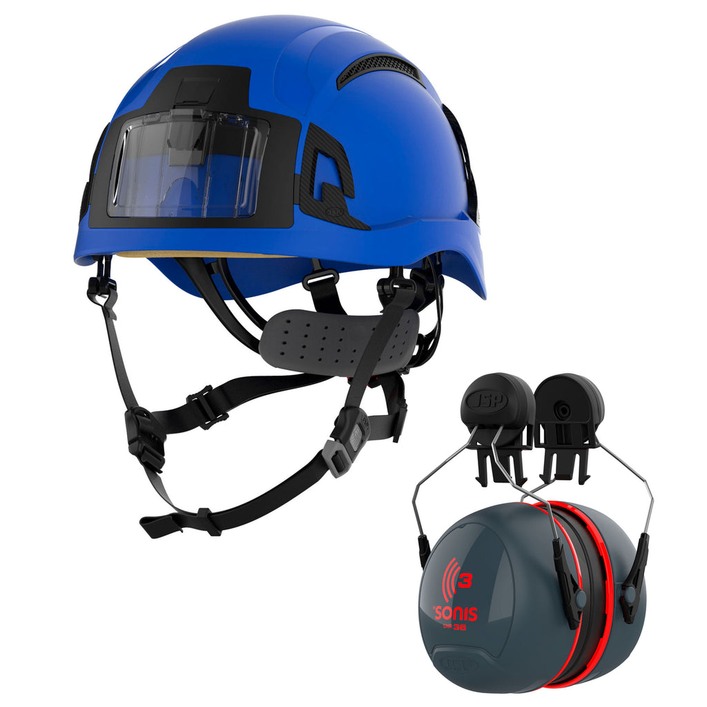JSP EVO Alta Baseworker With JSP Sonis Ear Defenders Hard Hat Kit | Blue