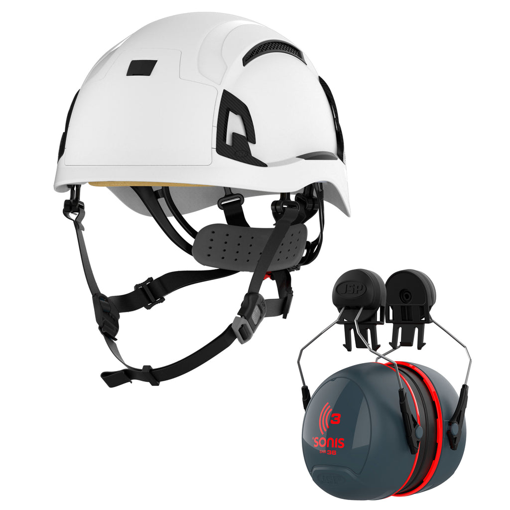 JSP EVO Alta Baseworker With JSP Sonis Ear Defenders Hard Hat Kit | White