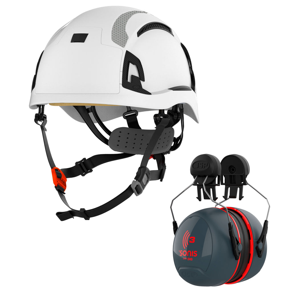 JSP EVO Alta Dualswitch With JSP Sonis Ear Defenders Hard Hat Kit | White