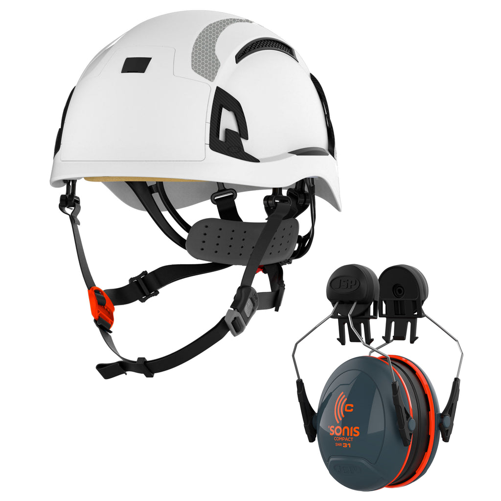 JSP EVO Alta Dualswitch With JSP Sonis Ear Defenders Hard Hat Kit | White